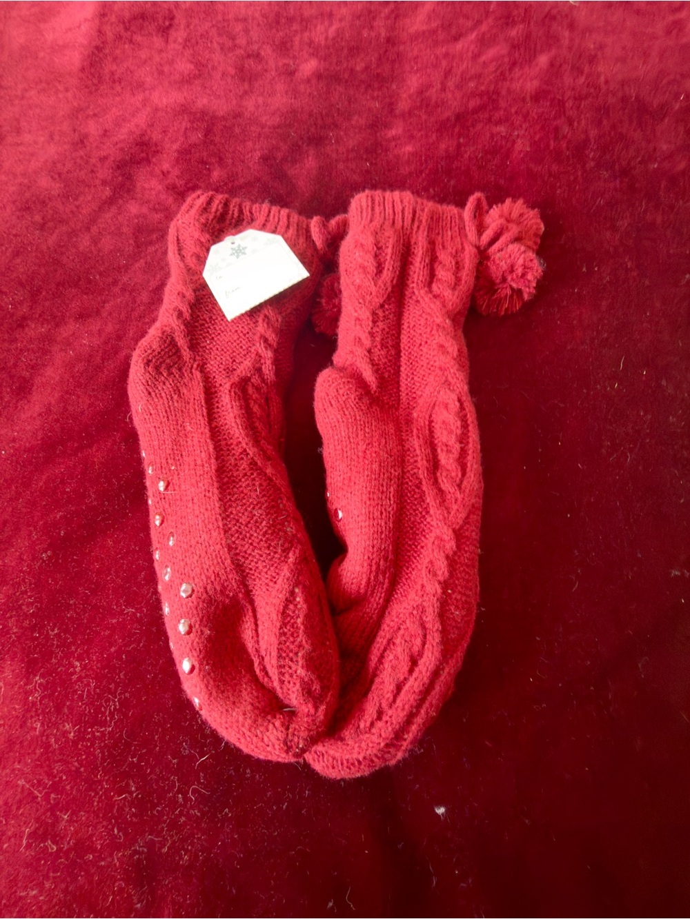 Red Cable-Knit Pom Pom Slipper Socks - Unbranded